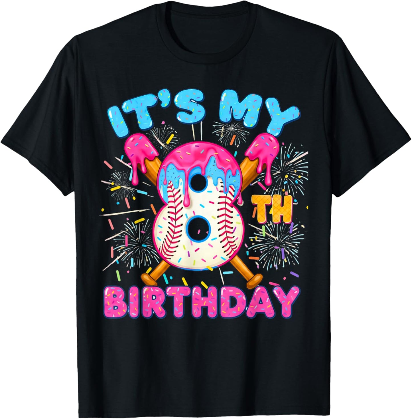 8th Birthday Baseball 8 Year Old Ice Cream Drip Boy Baseball T-Shirt - T-Shirt | Black
