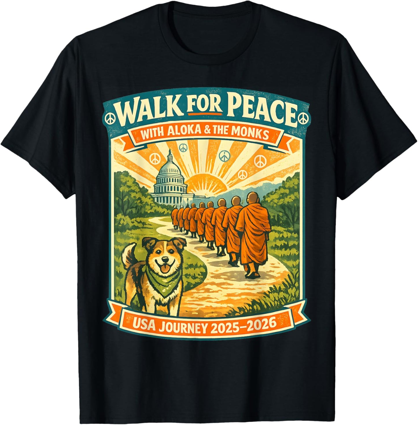 Walk for Peace Monks Dog USA Journey 2025-2026 Vintage Zen T-Shirt - T-Shirt | Black