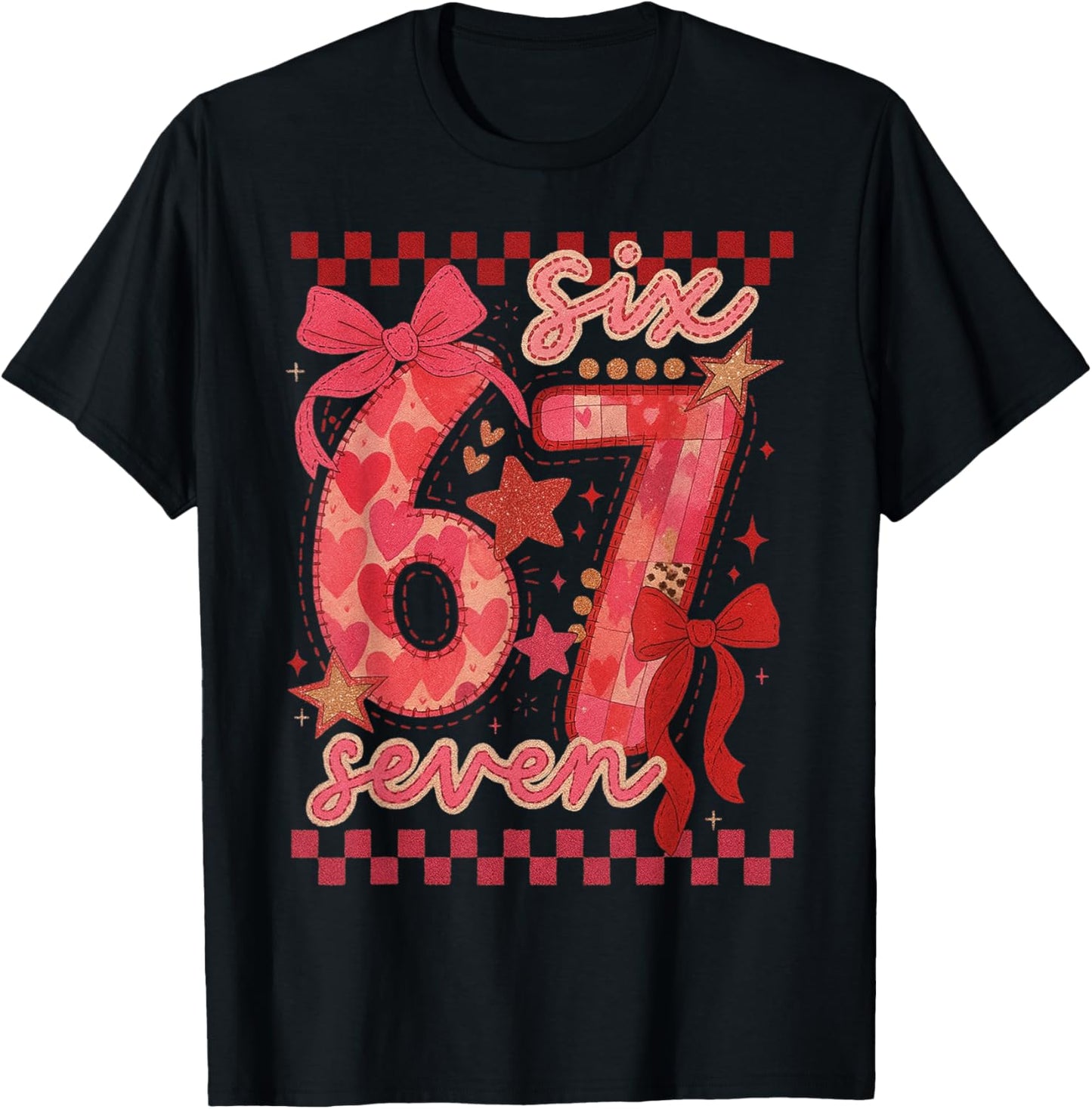 Six Seven Valentine 6 7 Meme Checkered Coquette Bow T-Shirt - T-Shirt | Black