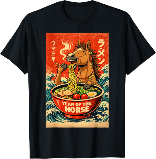 Chinese New Year of The Horse Ramen Retro Japanese Animal T-Shirt - T-Shirt | Black