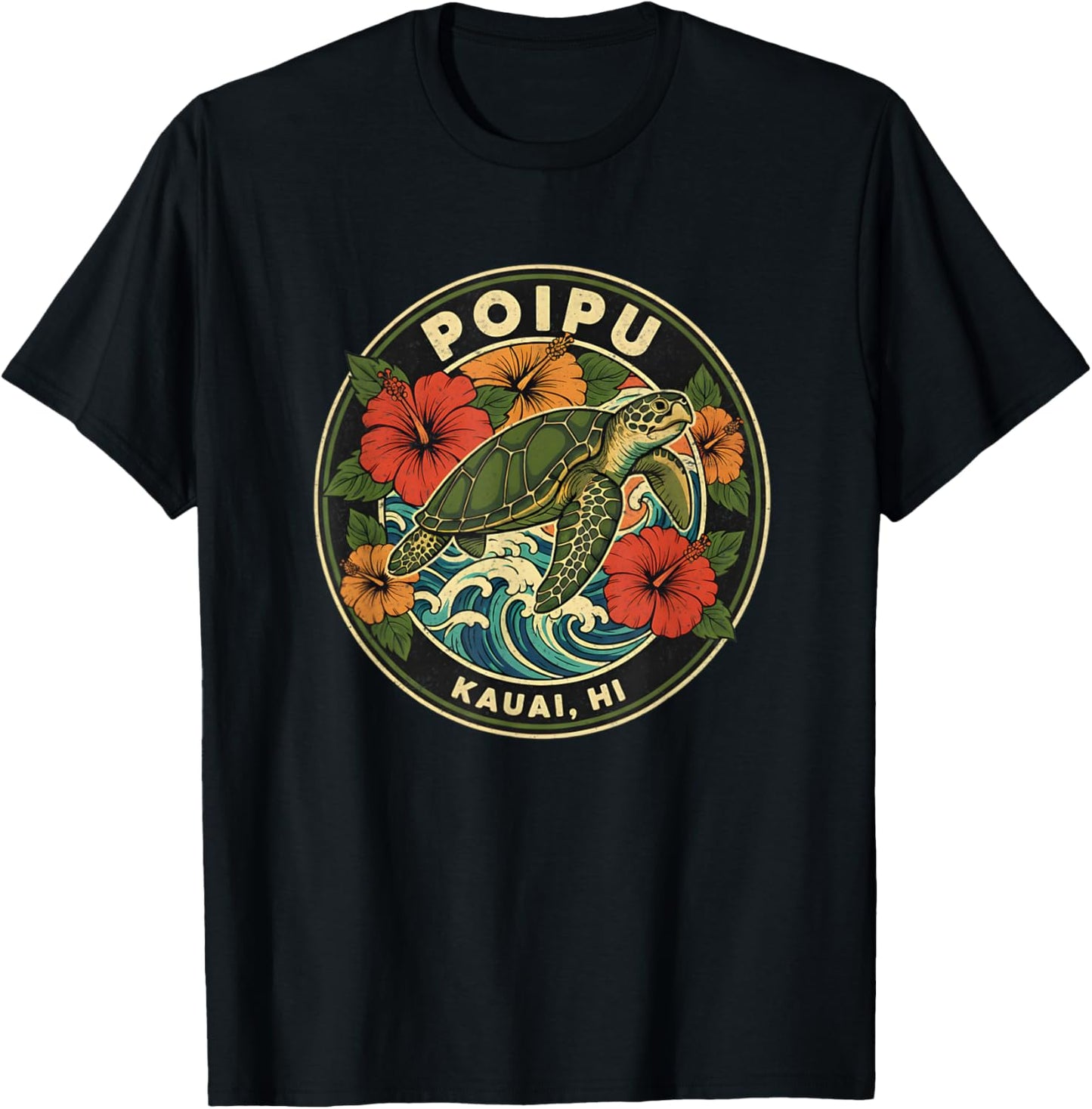 Poipu Sea Turtle Kauai Hawaii Vacation Hawaiian Tropical T-Shirt - T-Shirt | Black