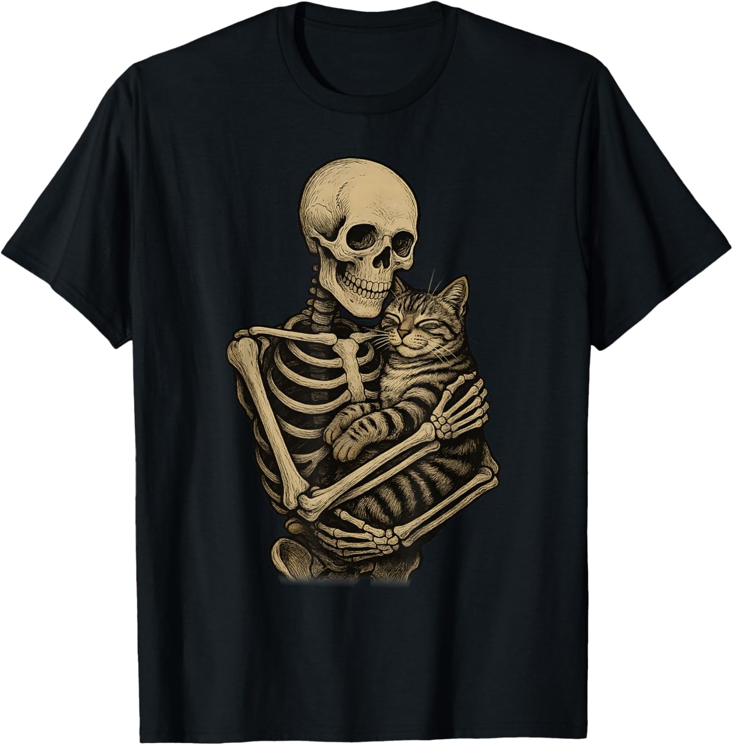 Skeleton Hugging American Shorthair cat Funny Halloween T-Shirt - T-Shirt | Black