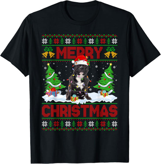 Pitbull Dog Ugly Xmas Sweater Funny Pet Dog Lover Christmas T-Shirt - T-Shirt | Black