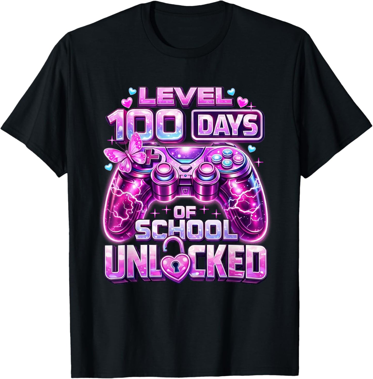 Girls Gamer Pink Level 100 Days of School Unlocked 100th Day T-Shirt - T-Shirt | Black