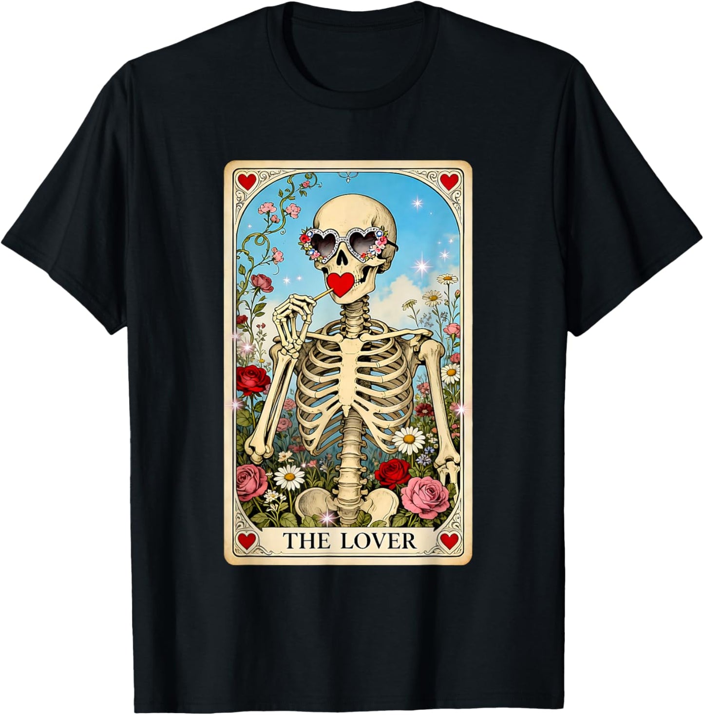 The Lover Skeleton Gothic Valentine Tarot Art T-Shirt - T-Shirt | Black