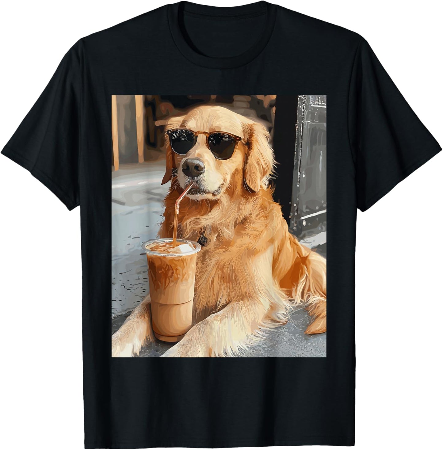 Golden Retriever Drinking Iced Coffee T-Shirt - T-Shirt | Black