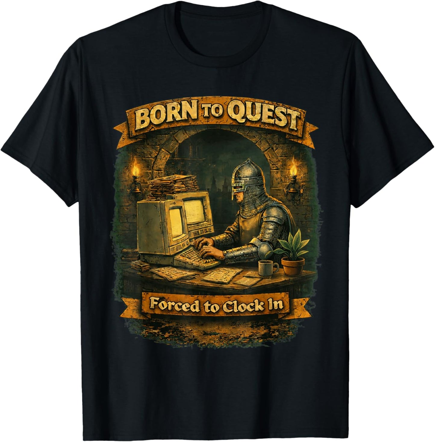 Born to Quest Forced to Clock in for Office and Work Life T-Shirt - T-Shirt | Black