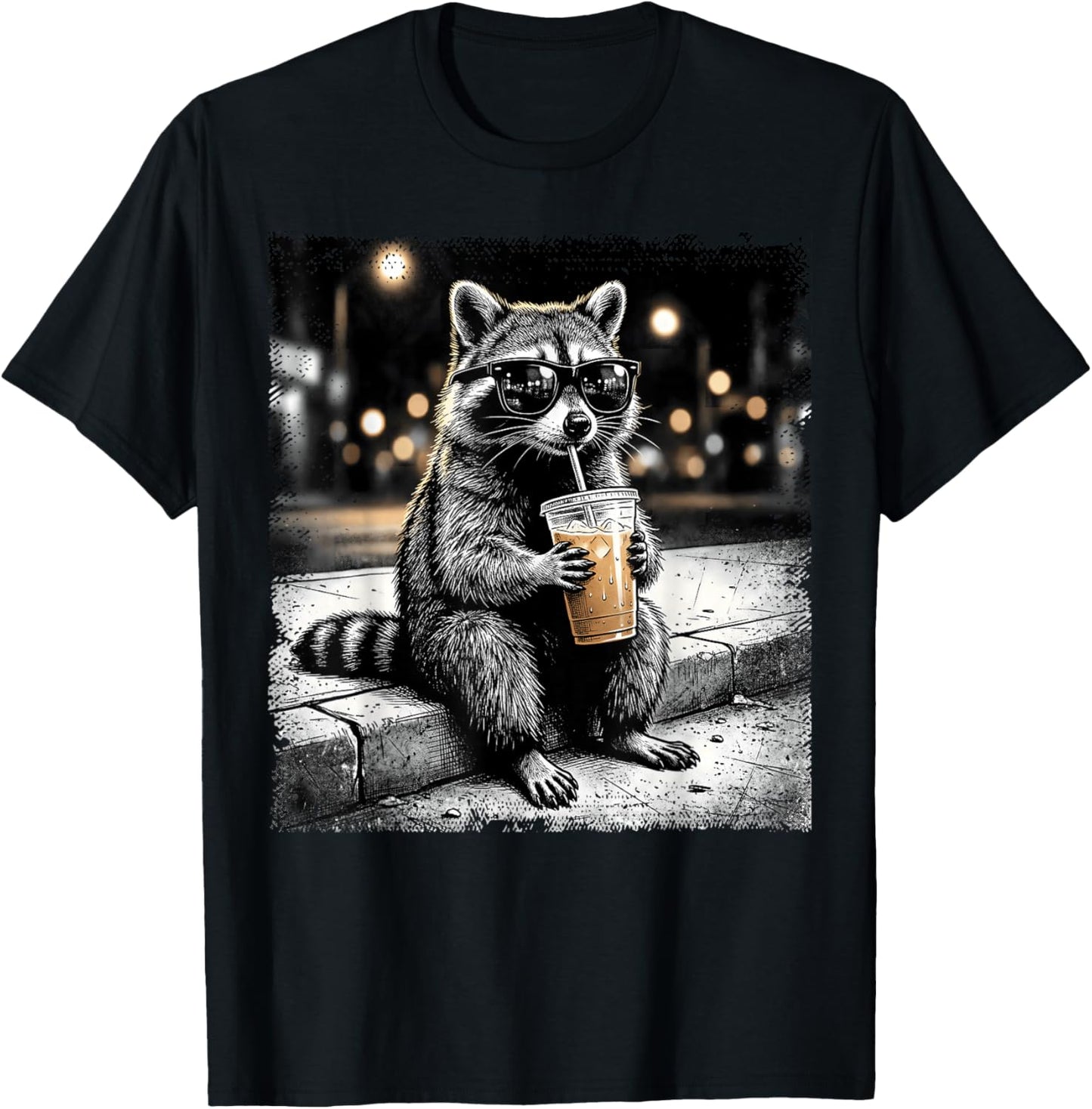 Raccoon Drinking Iced Coffee Funny Animal Meme Men Women T-Shirt - T-Shirt | Black