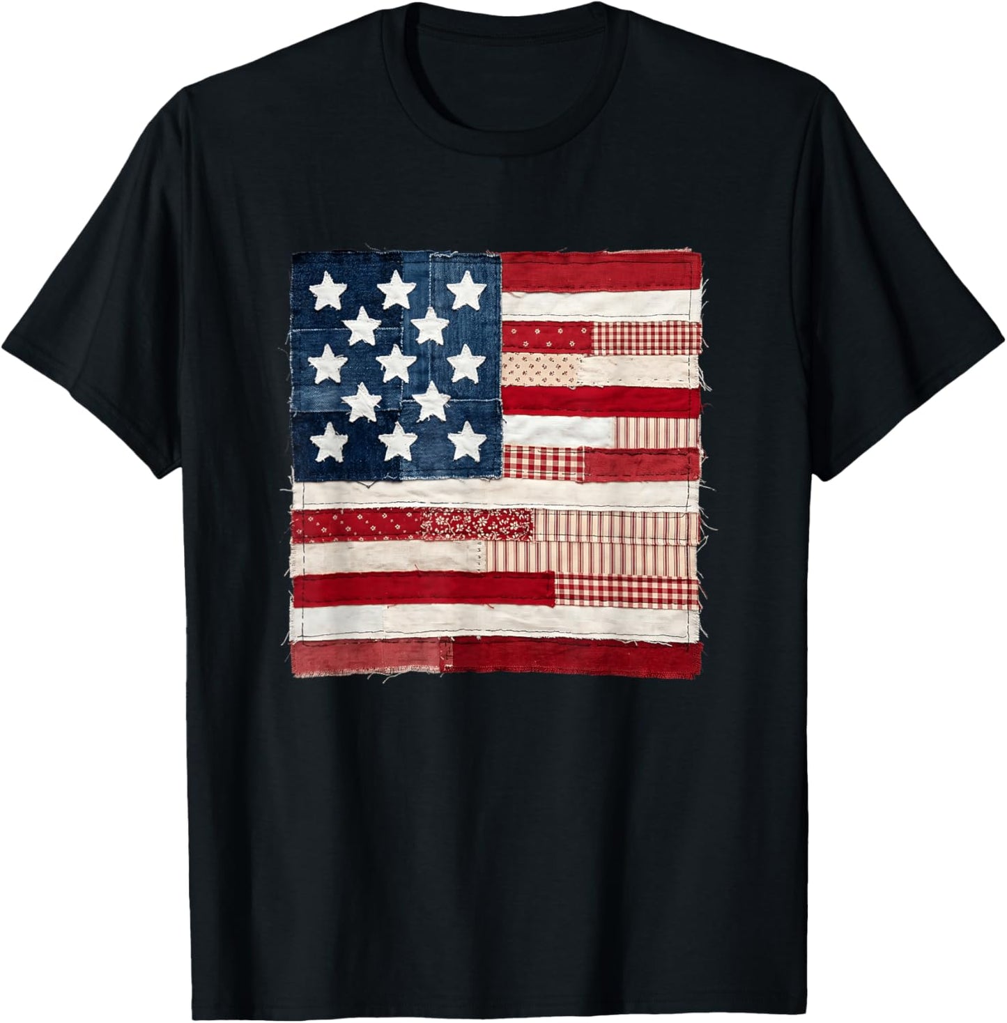 Rustic Quilted American Flag Patriotic USA Stars Stripes T-Shirt - T-Shirt | Black