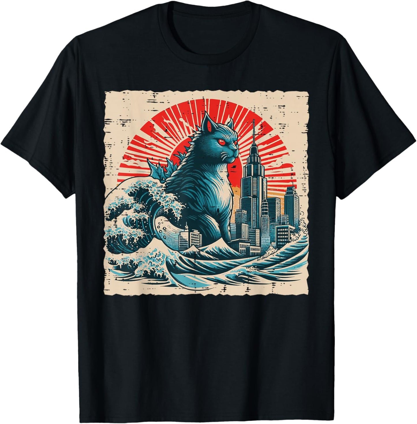 Japanese Cat Monster Great Wave City Ukiyo-e Men Women Kids T-Shirt - T-Shirt | Black