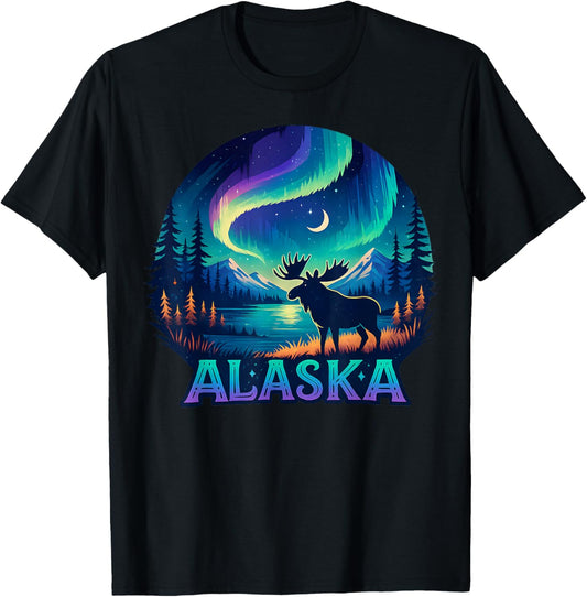 Alaska Northern Lights Aurora Viewing Alaska Vacation Moose T-Shirt - T-Shirt | Black