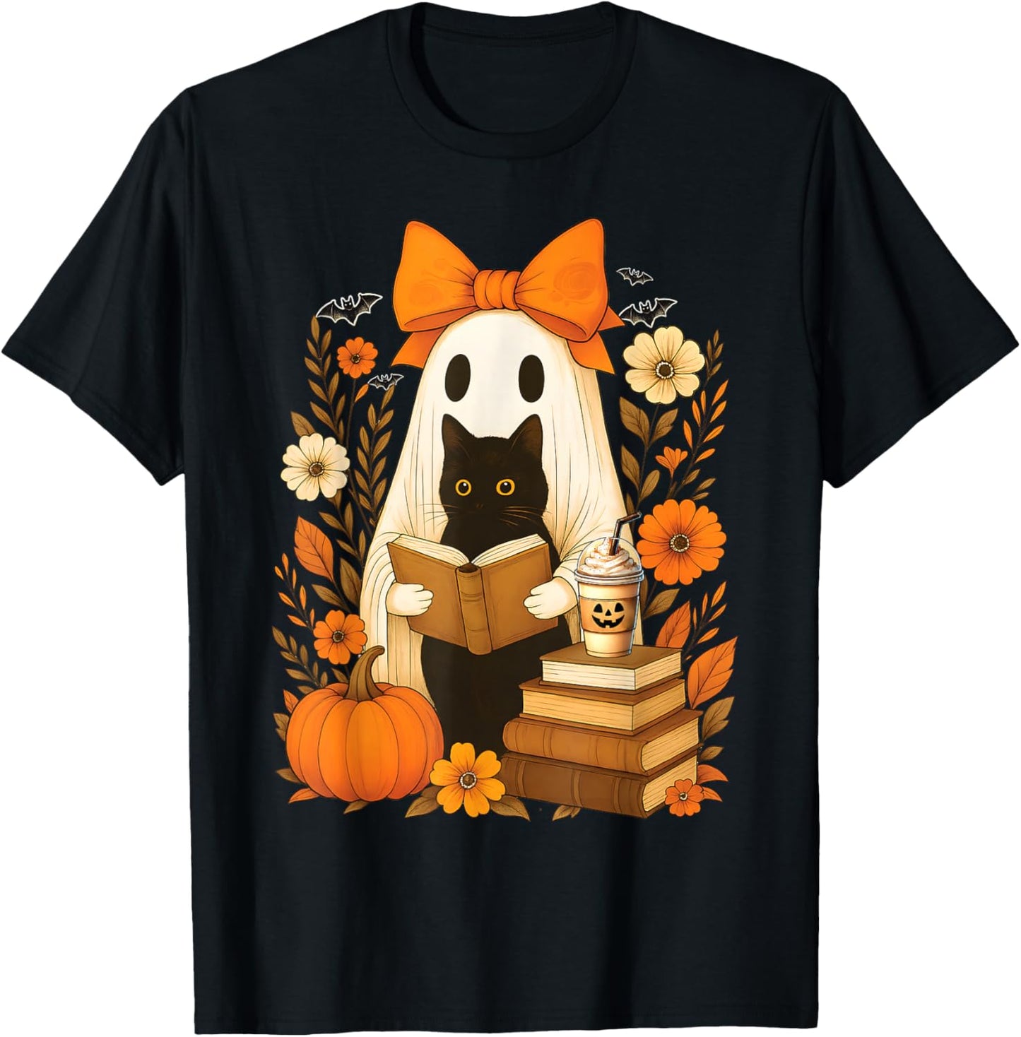 Groovy Floral Vintage Halloween Ghost Reading Book Cat Lover T-Shirt - T-Shirt | Black