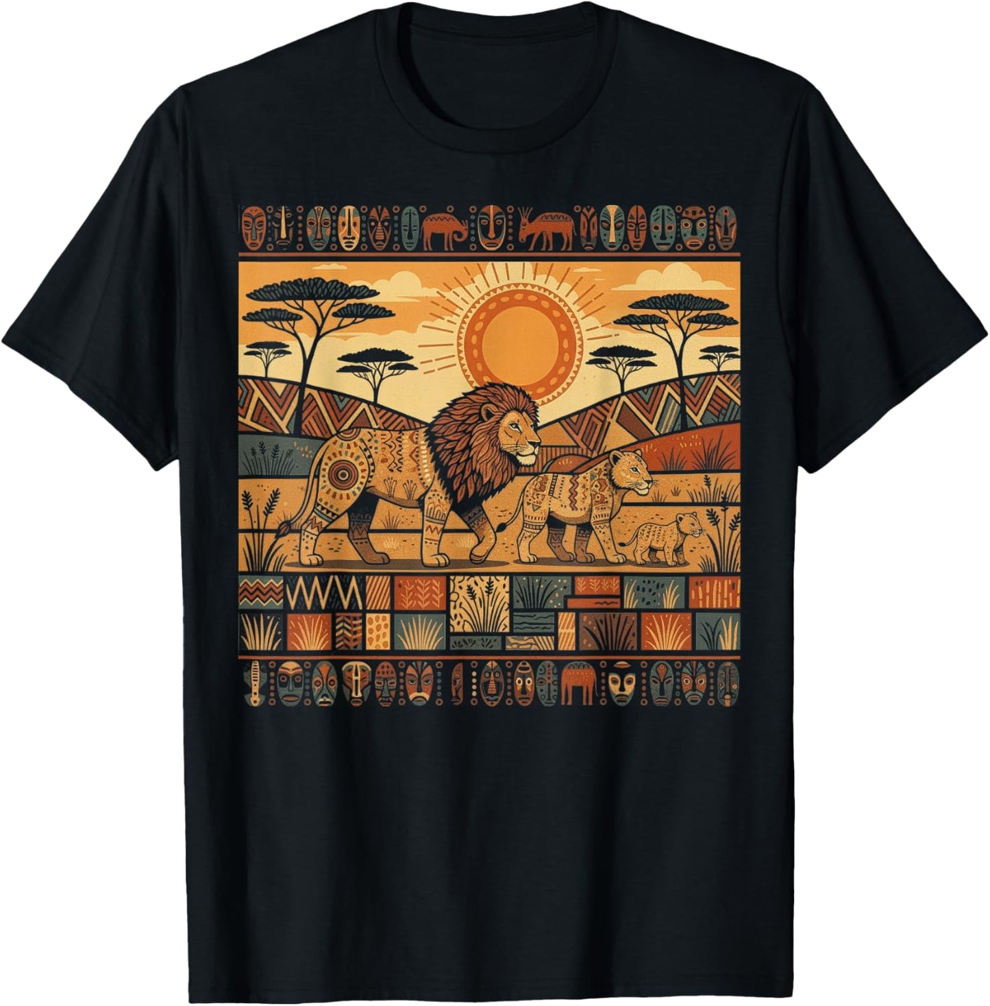 African Lion Family Tribal Kente Pattern Safari Ghana T-Shirt - T-Shirt | Black