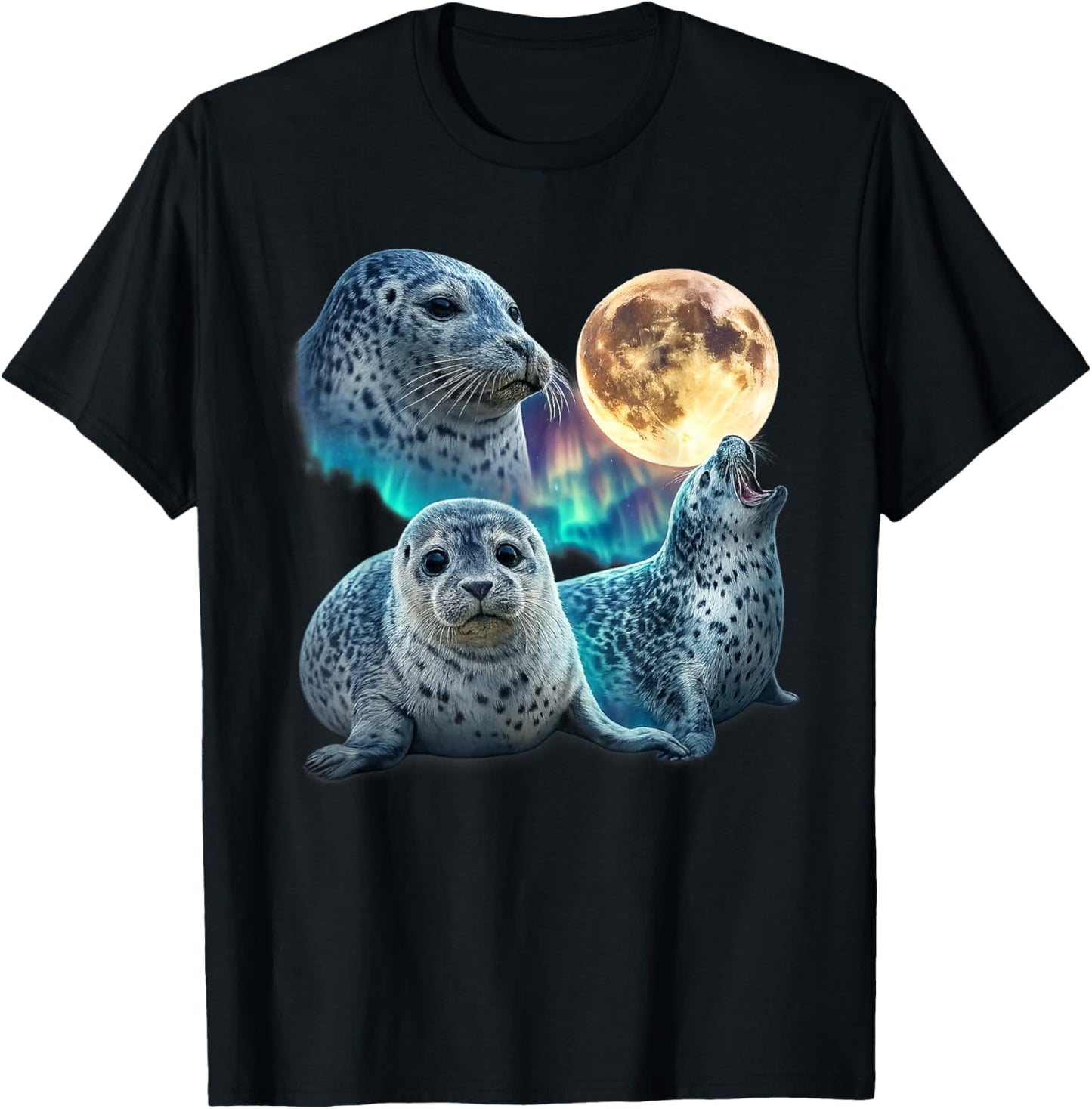 Three Baby Seals Moon Vintage Graphic 90s Funny T-Shirt - T-Shirt | Black