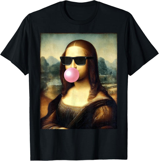 Funny Mona Lisa Pink Bubble Gum Portrait Painting Sunglasses T-Shirt - T-Shirt | Black