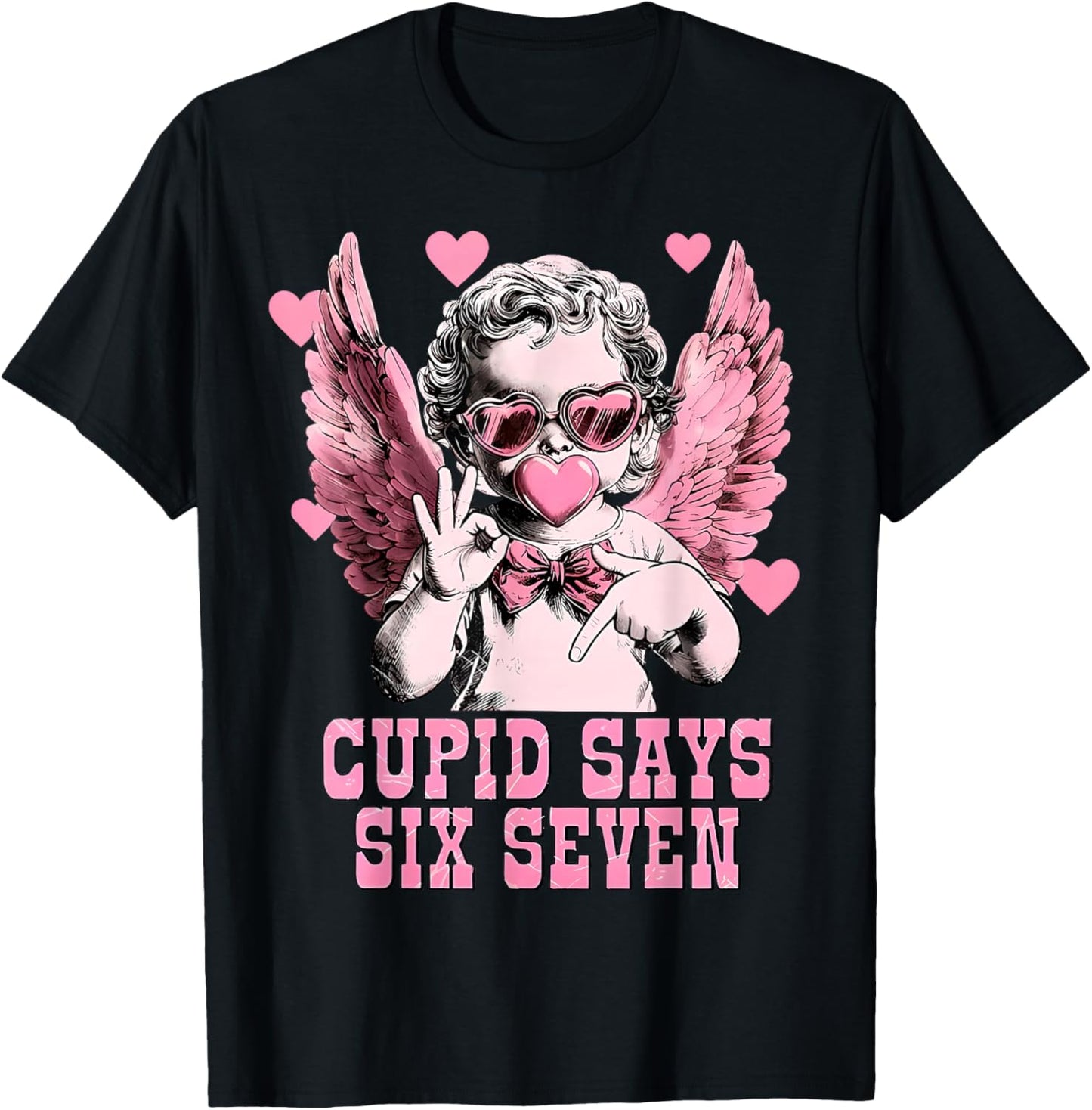 Retro Cupid Says Six Seven Hands Sign Blowing Bubble Hearts T-Shirt - T-Shirt | Black