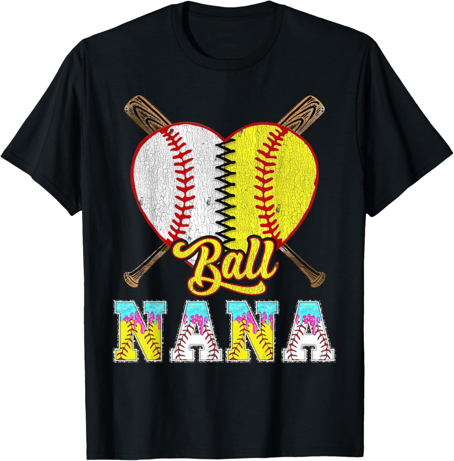 Nana of Both Half Baseball Softball Ice Cream Drip T-Shirt - T-Shirt | Black