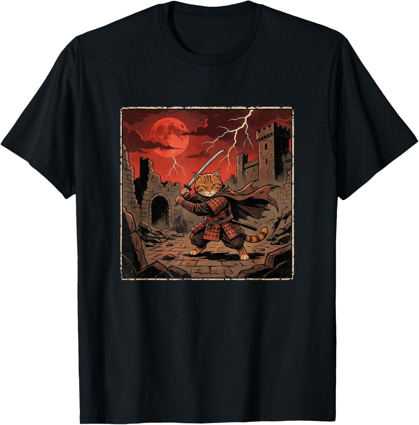 Japanese Vintage Warrior Samurai Orange Tabby Cat T-Shirt - T-Shirt | Black