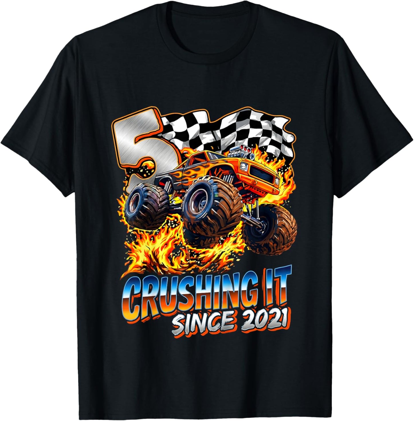 Kids Birthday Monster Truck Boys 5 Crushing It Since 2021 T-Shirt - T-Shirt | Black