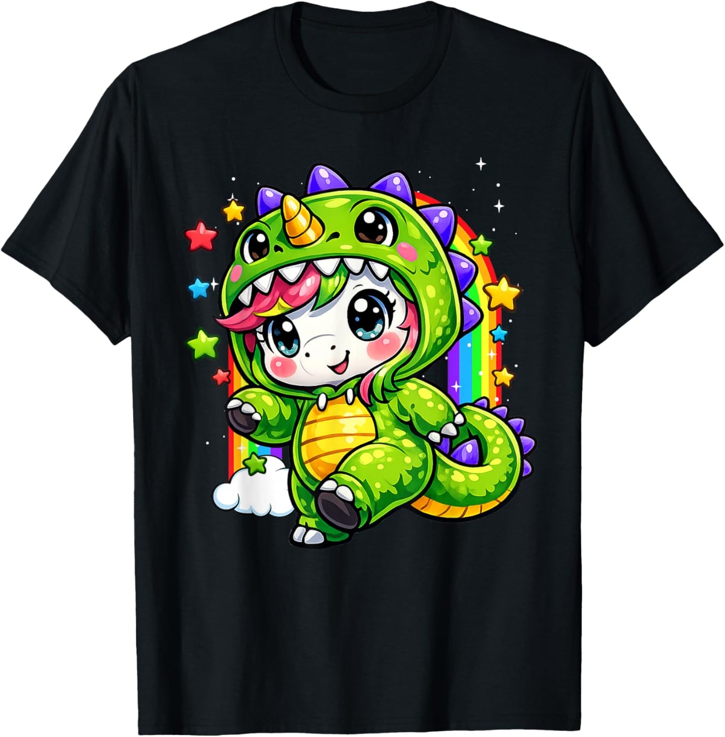 Unicorn Dinosaur Costume Cosplay Colourful Rainbow Boy Girl T-Shirt - T-Shirt | Black