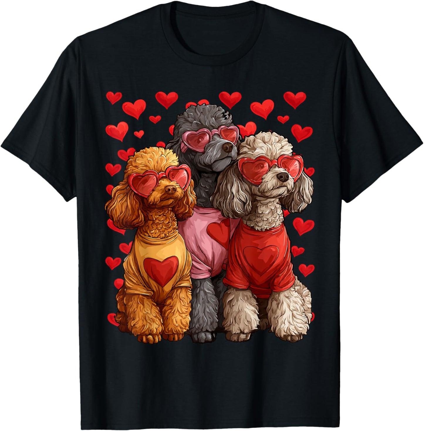 Cute Poodles Dogs with Hearts Sunglasses Valentines Day Love T-Shirt - T-Shirt | Black