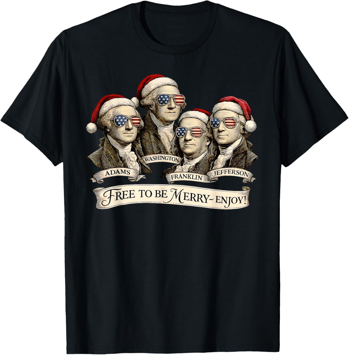 Vintage Founding Fathers Santa Hats Patriotic Christmas T-Shirt - T-Shirt | Black