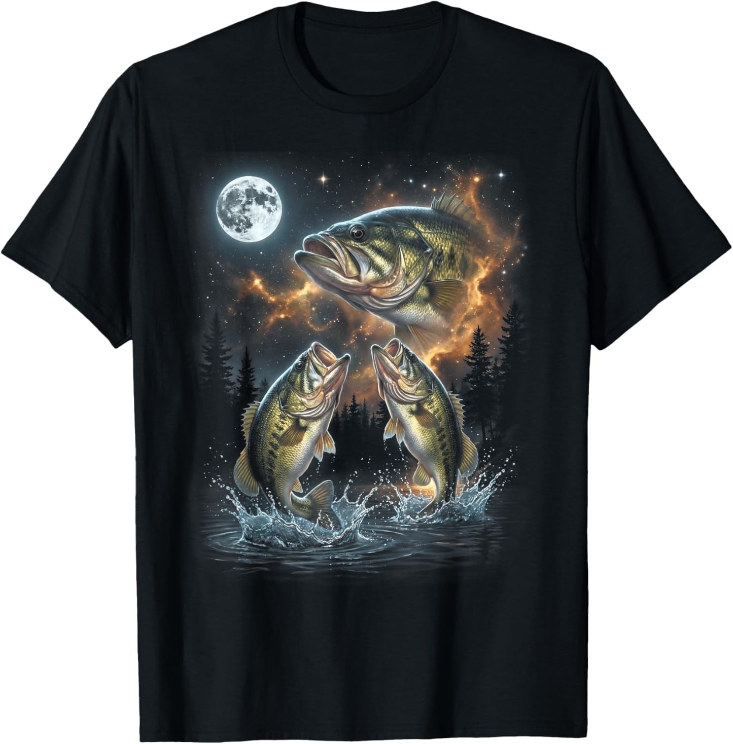 Bass Fish Howling at The Moon 90s Vintage Angler Fisherman T-Shirt - T-Shirt | Black