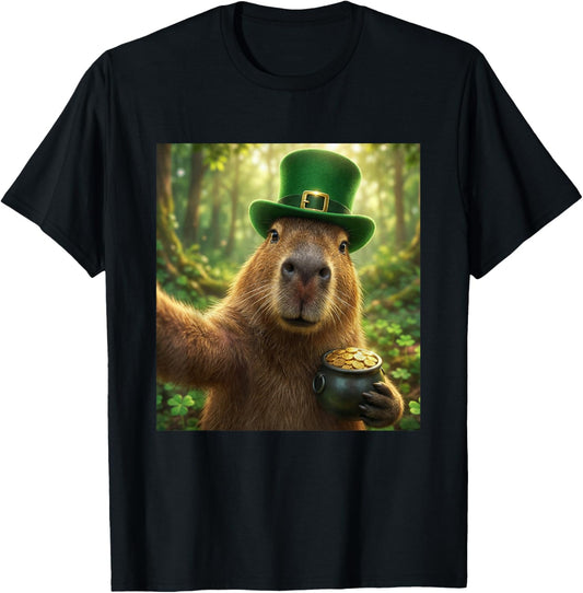 Funny Capybara Selfie with Leprechaun Hat St. Patricks Day T-Shirt - T-Shirt | Black