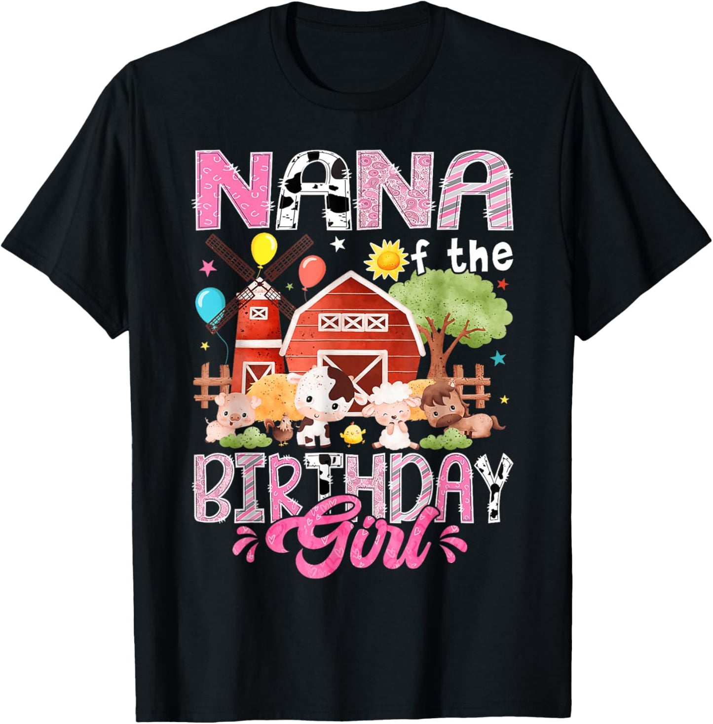 Nana of The Birthday Girl 1St Birthday Pink Farm T-Shirt - T-Shirt | Black