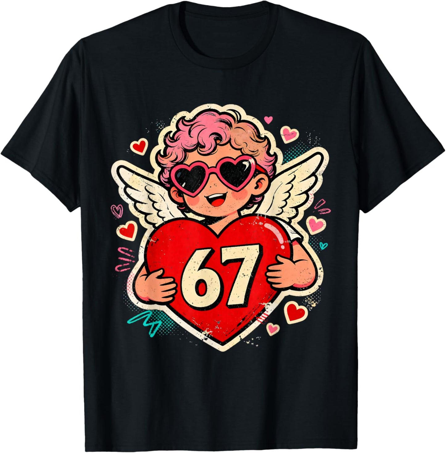 Valentine 67 Six Seven Cupid Heart Meme Design T-Shirt - T-Shirt | Black