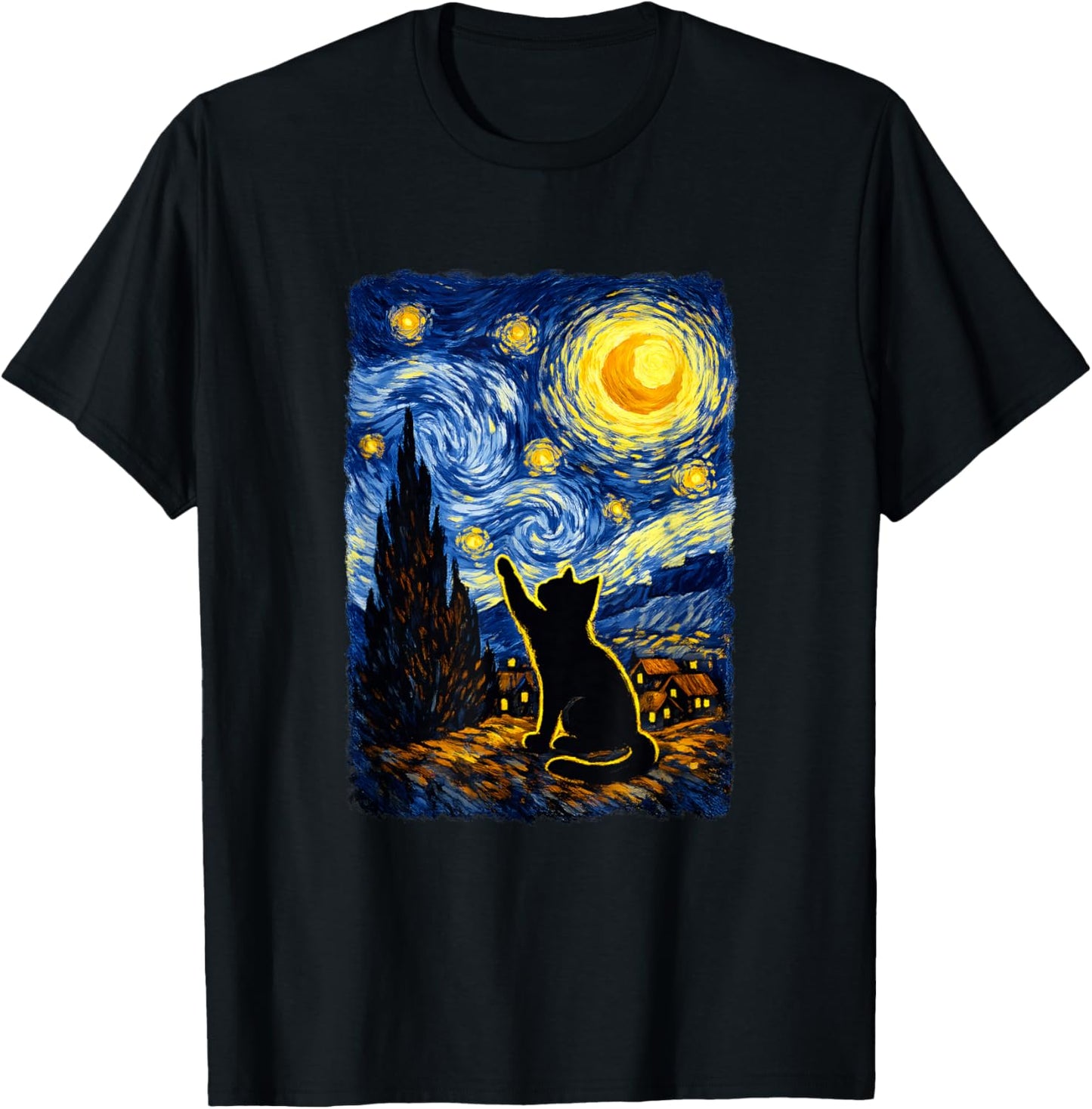 Starry Night Cat Art PostImpressionist T-Shirt - T-Shirt | Black