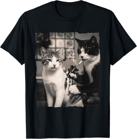 Vintage Cat Smoking Tattoo Inked Kitty Artist Funny Tattooin T-Shirt - T-Shirt | Black