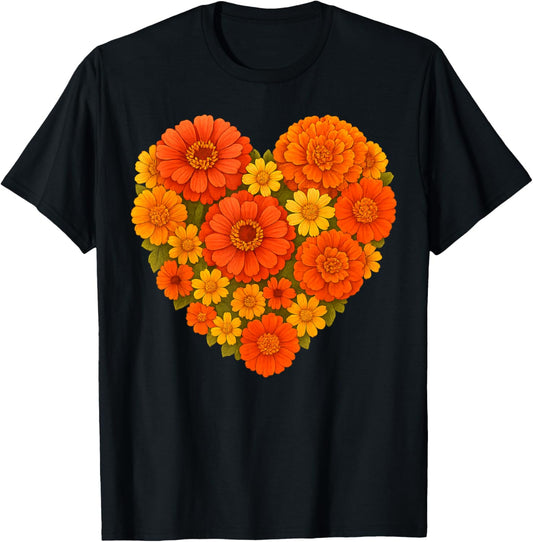 Heart Shaped Orange Yellow Marigold Zinnia Bouquet Botanical T-Shirt - T-Shirt | Black