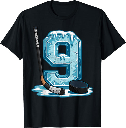 Ice Hockey 9 Years Birthday Boy 9th Bday Kids Hockey Party T-Shirt - T-Shirt | Black