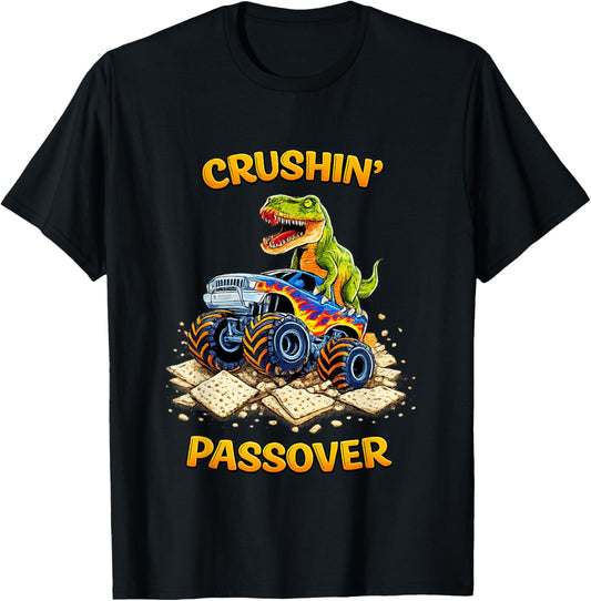 Funny Pesach Crushin' Passover Dinosaur Monster Truck Matzah T-Shirt - T-Shirt | Black