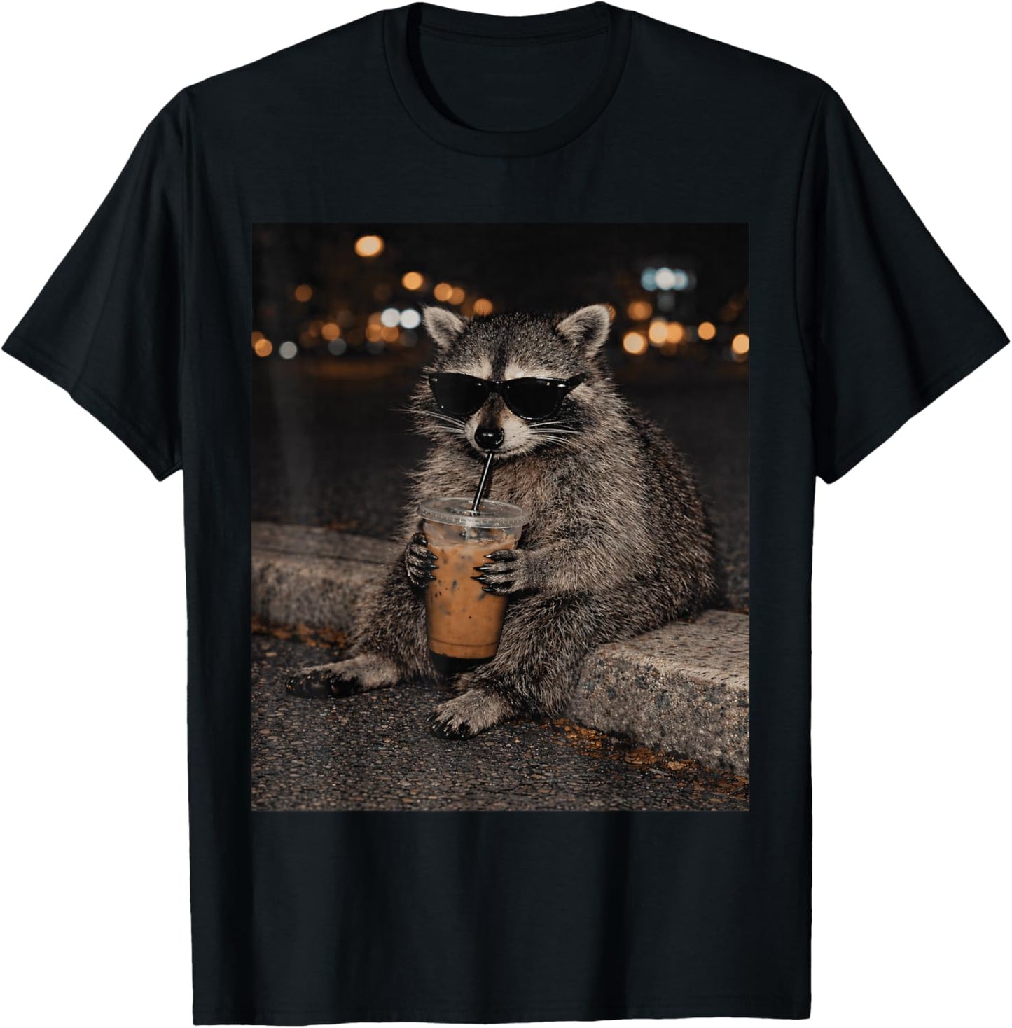 Raccoon Drinking Iced Coffee Funny Animal Meme Retro Graphic T-Shirt - T-Shirt | Black
