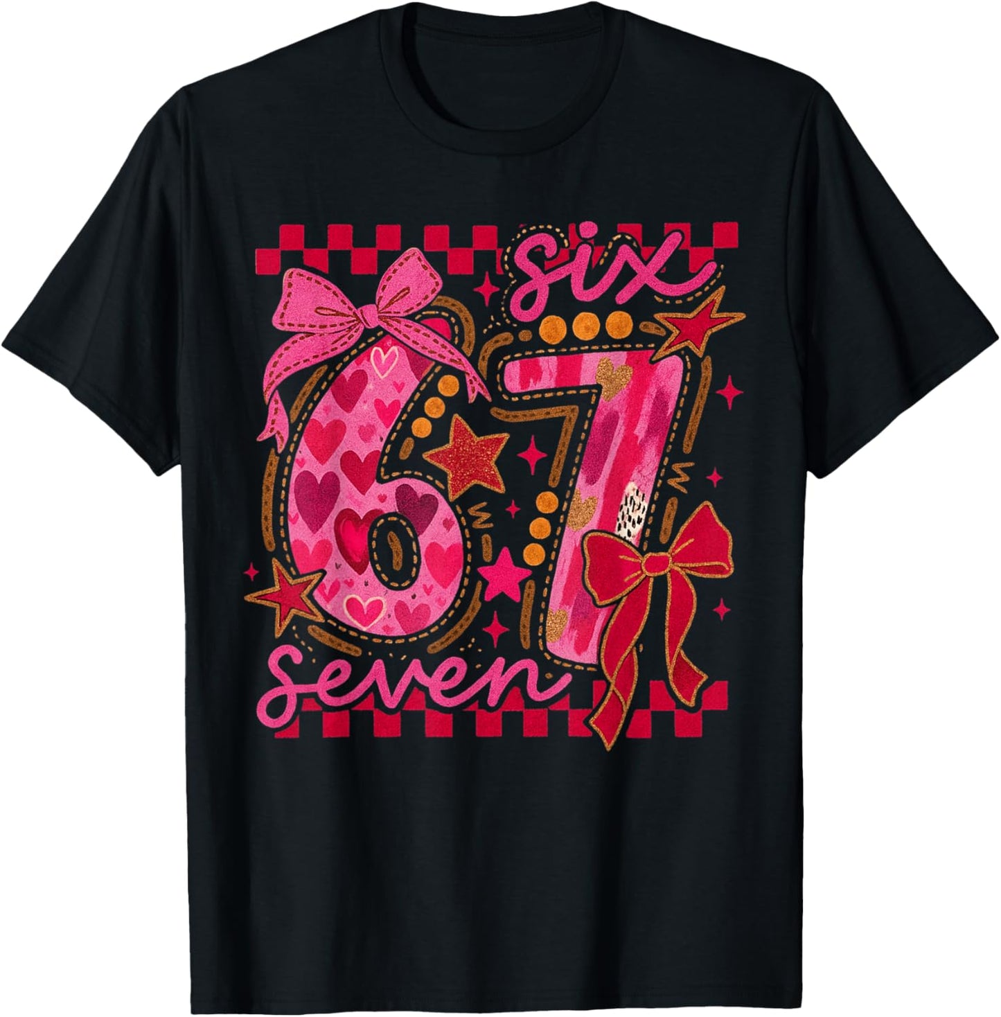 Six Seven Valentine 6 7 Meme Checkered Coquette Bow T-Shirt - T-Shirt | Black
