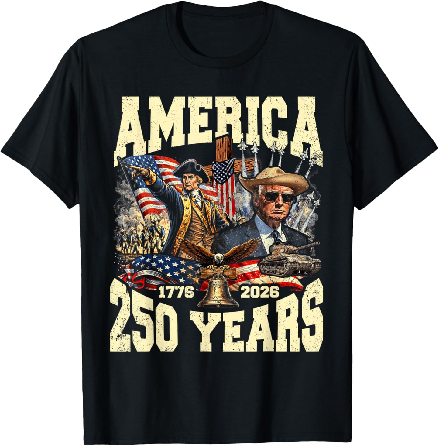 Funny 250 Years America Anniversary 250th Trump Washington T-Shirt - T-Shirt | Black