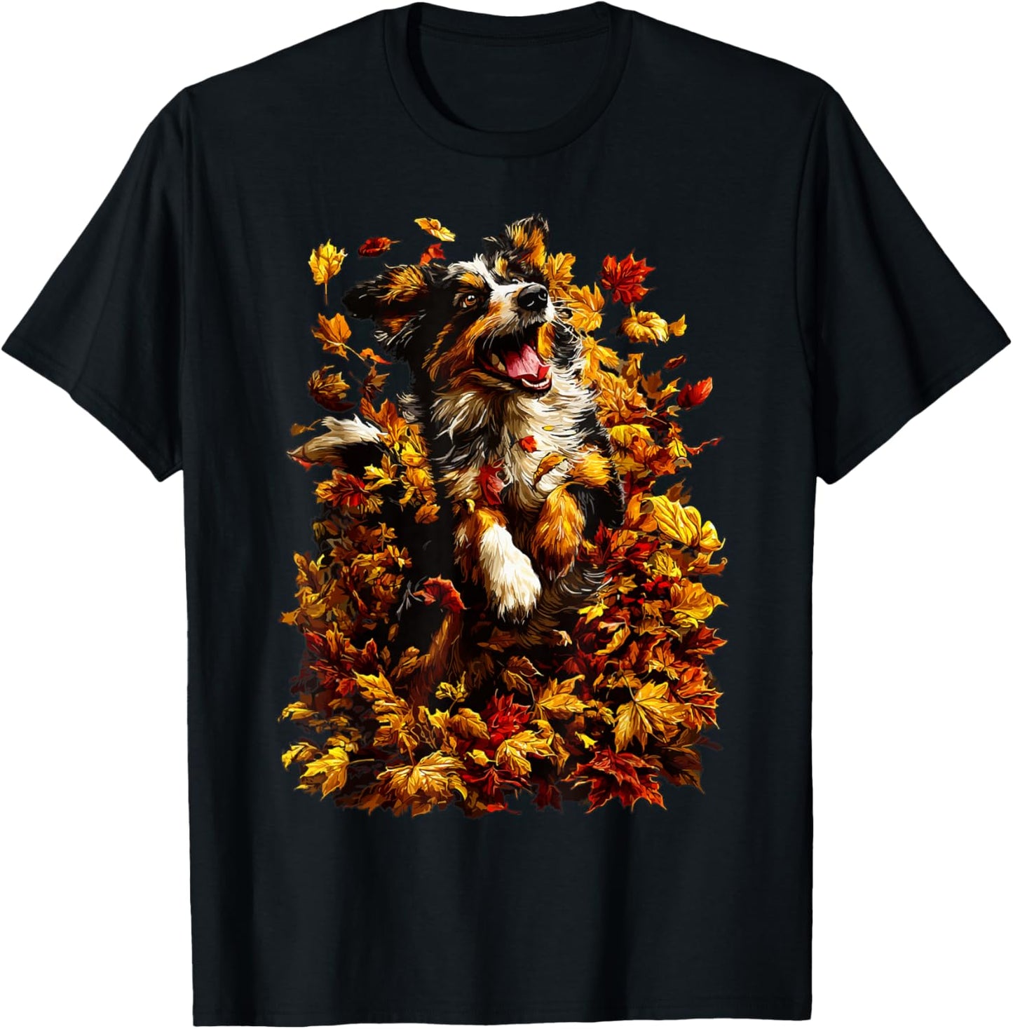 Cute Australian Shepherd with Fall Leaves Autumn Aesthetic T-Shirt - T-Shirt | Black