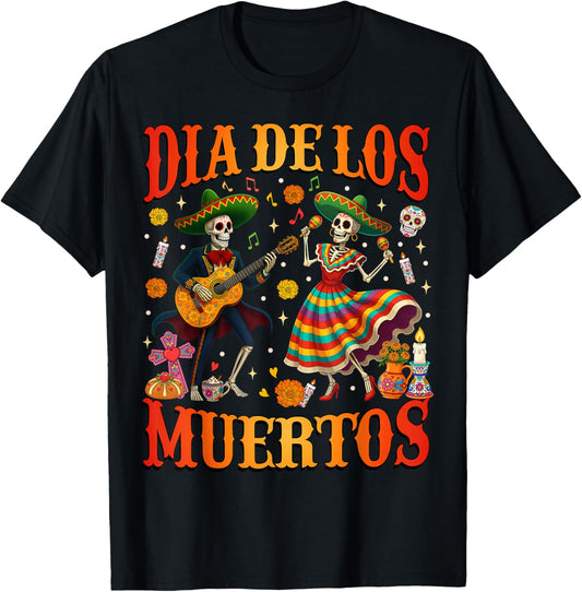 Dia De Los Muertos Dancing Skeletons Guitar Day of The Dead T-Shirt - T-Shirt | Black