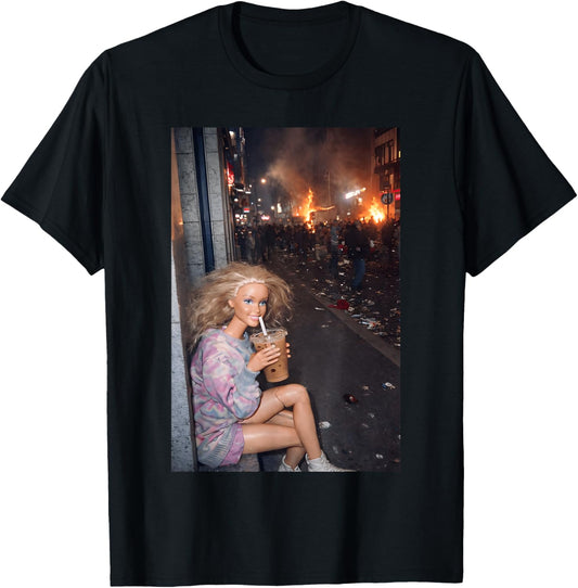 Funny Disaster Doll Face Meme Drinking Iced Coffee Chaotic T-Shirt - T-Shirt | Black