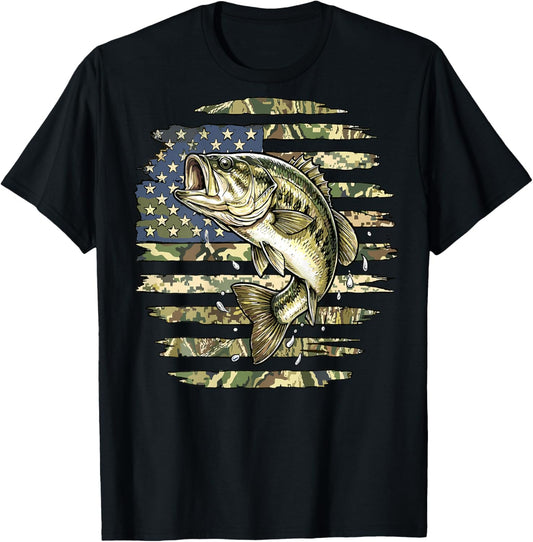 Fishing Camouflage Bass Fish American Flag Fisherman Camo T-Shirt - T-Shirt | Black