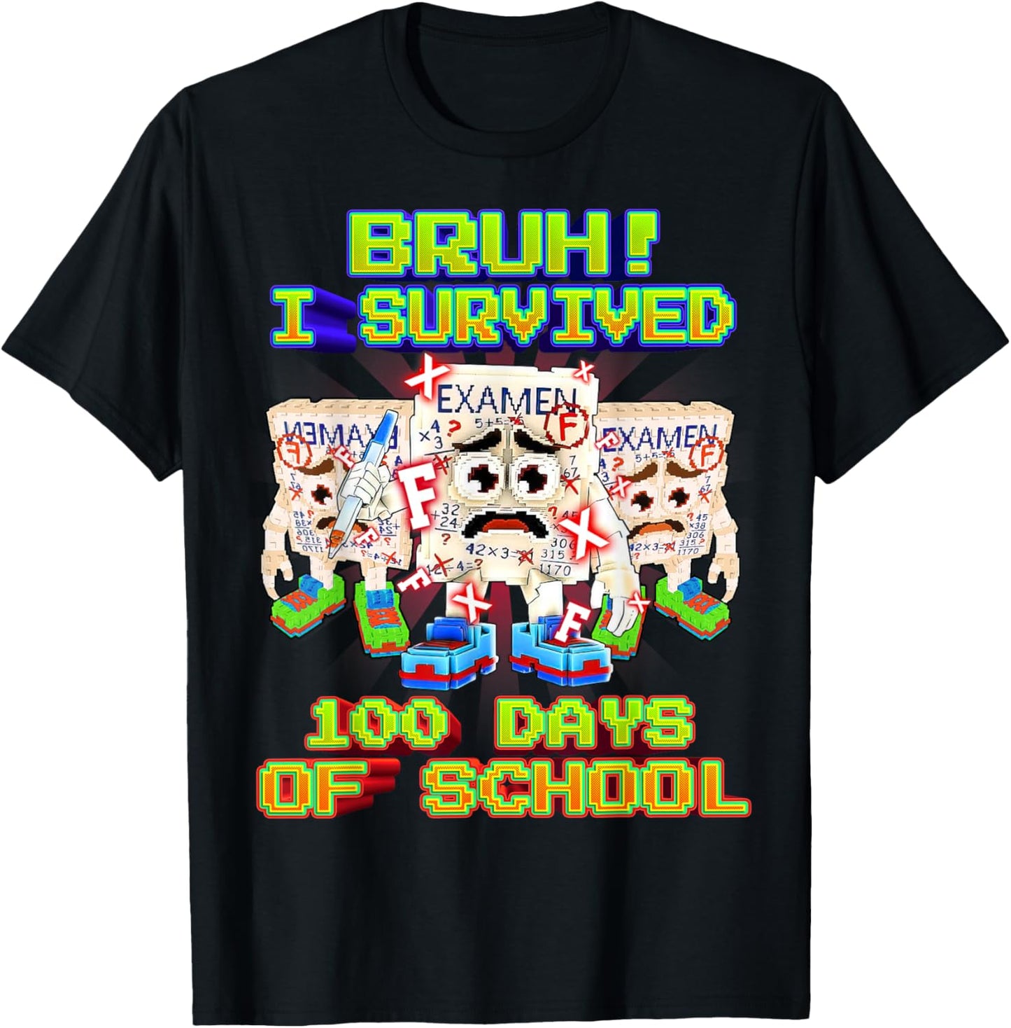 Bruh I Survived 100 Days of School Funny Exam Brainrot T-Shirt - T-Shirt | Black