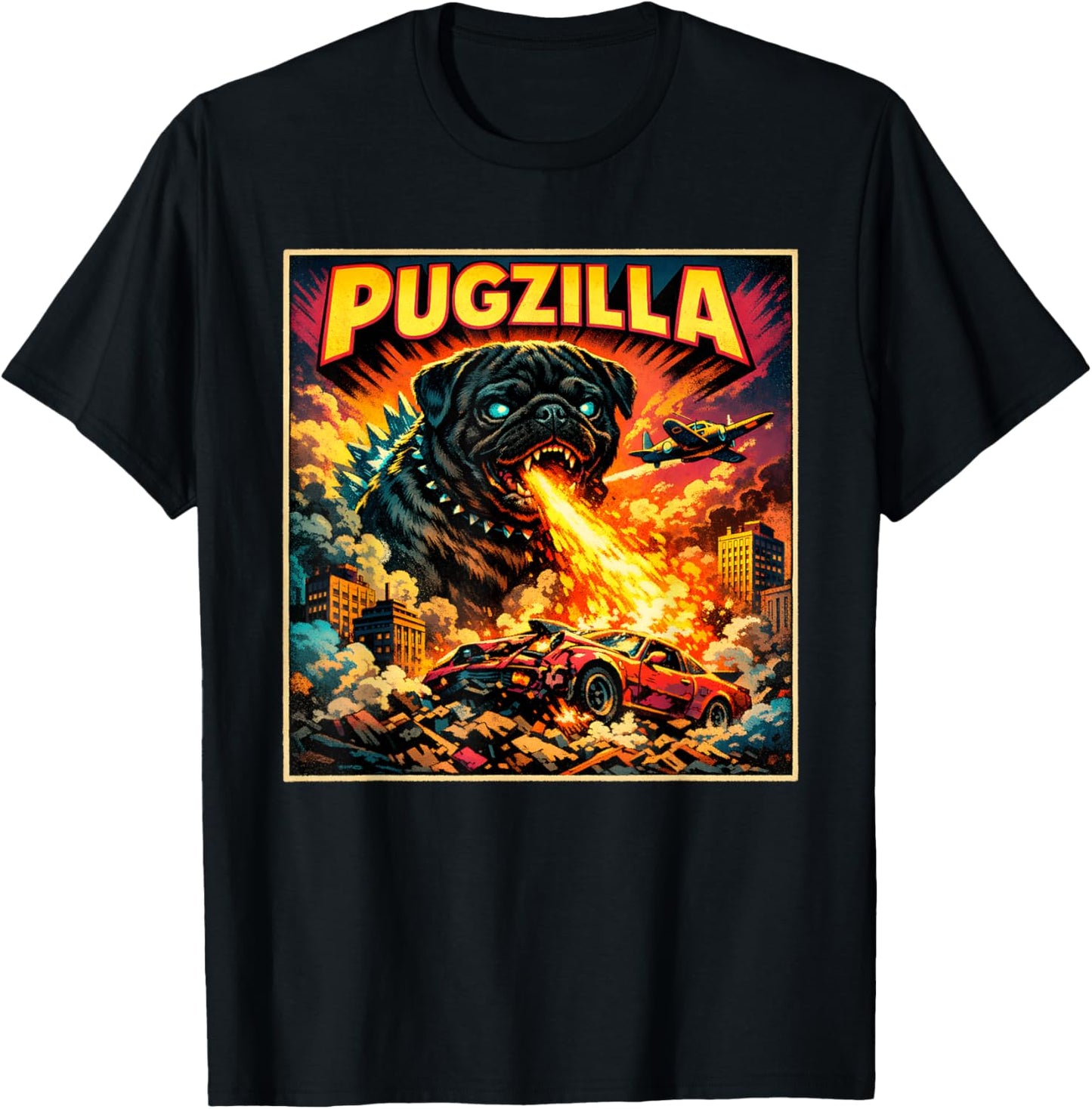 Retro Pugzilla Cute Pug Funny Youth Life from Dad Mom Meme T-Shirt - T-Shirt | Black