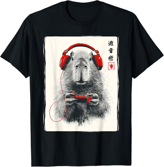 Japanese Capybara Gamer Video Games Graphic Funny Capybara T-Shirt - T-Shirt | Black