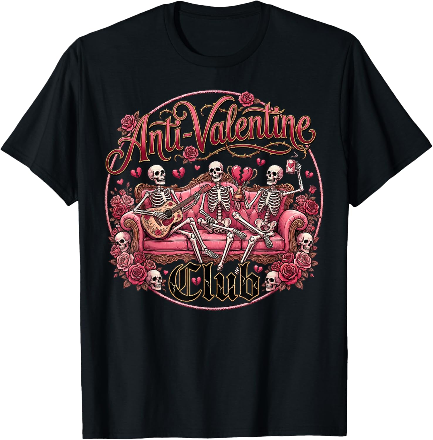 Anti Valentine Club Funny Skeleton Hearts Valentine Costume T-Shirt - T-Shirt | Black