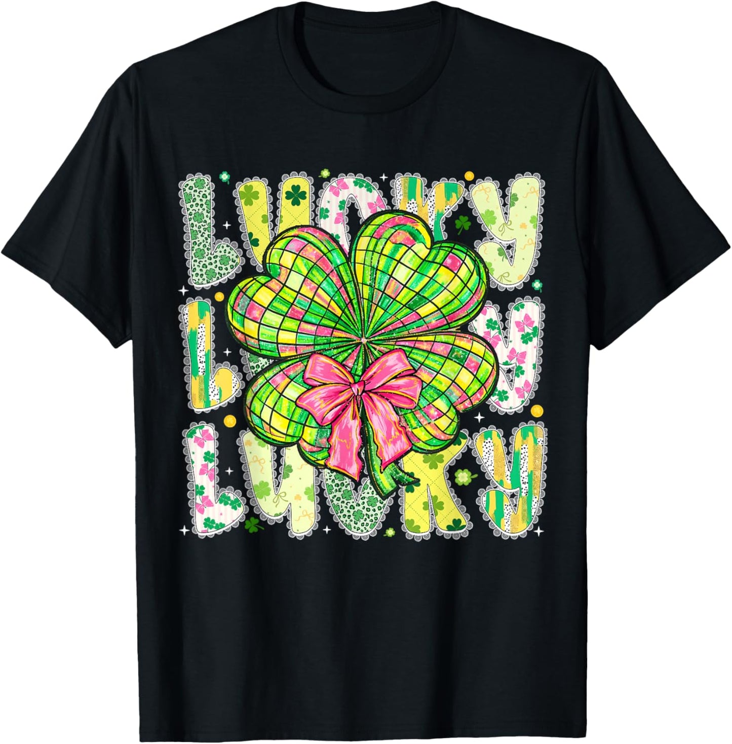 Lucky St Patricks Day Clover Coquette Bow Girl Women Kid T-Shirt - T-Shirt | Black