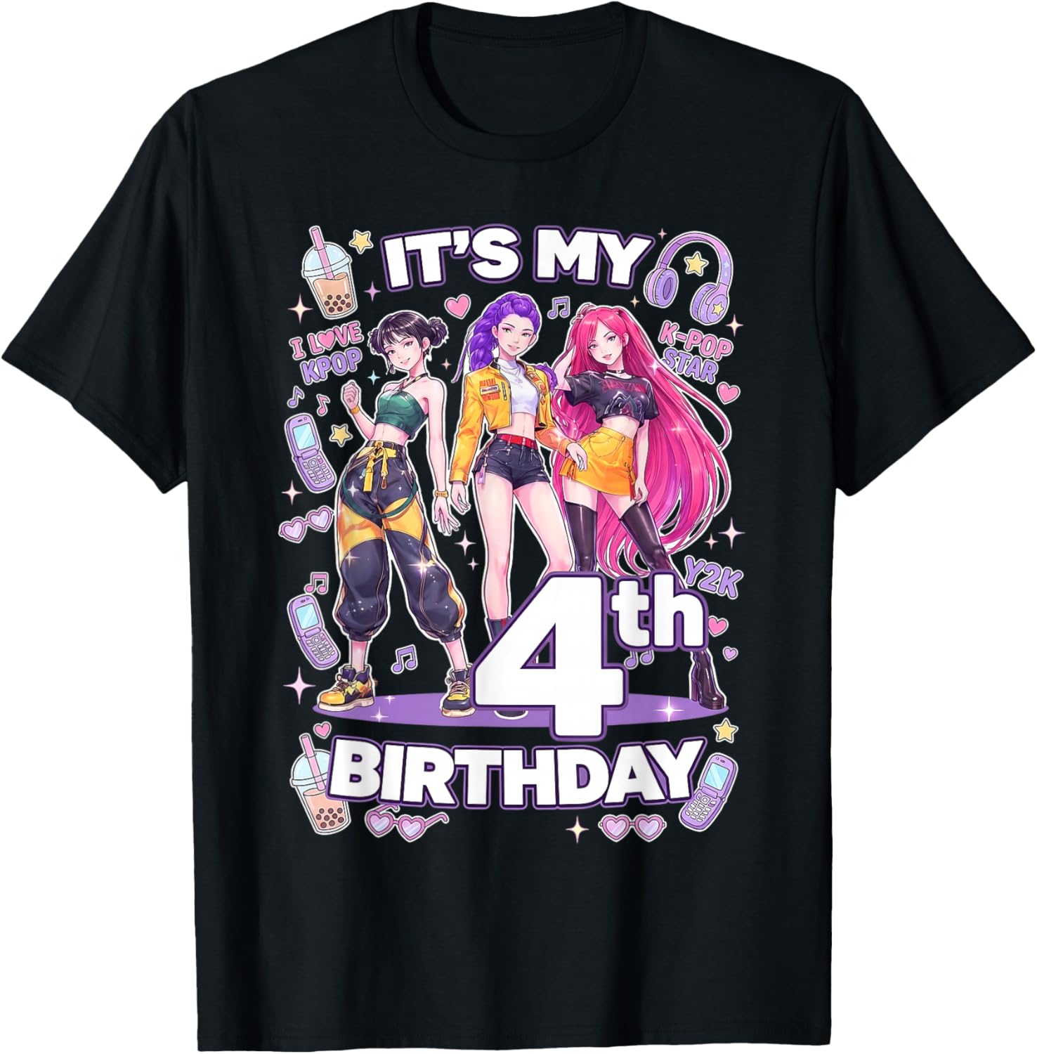 4th Birthday 4 Year Old Girl Korean Pop Kpop Bday Party T-Shirt - T-Shirt | Black