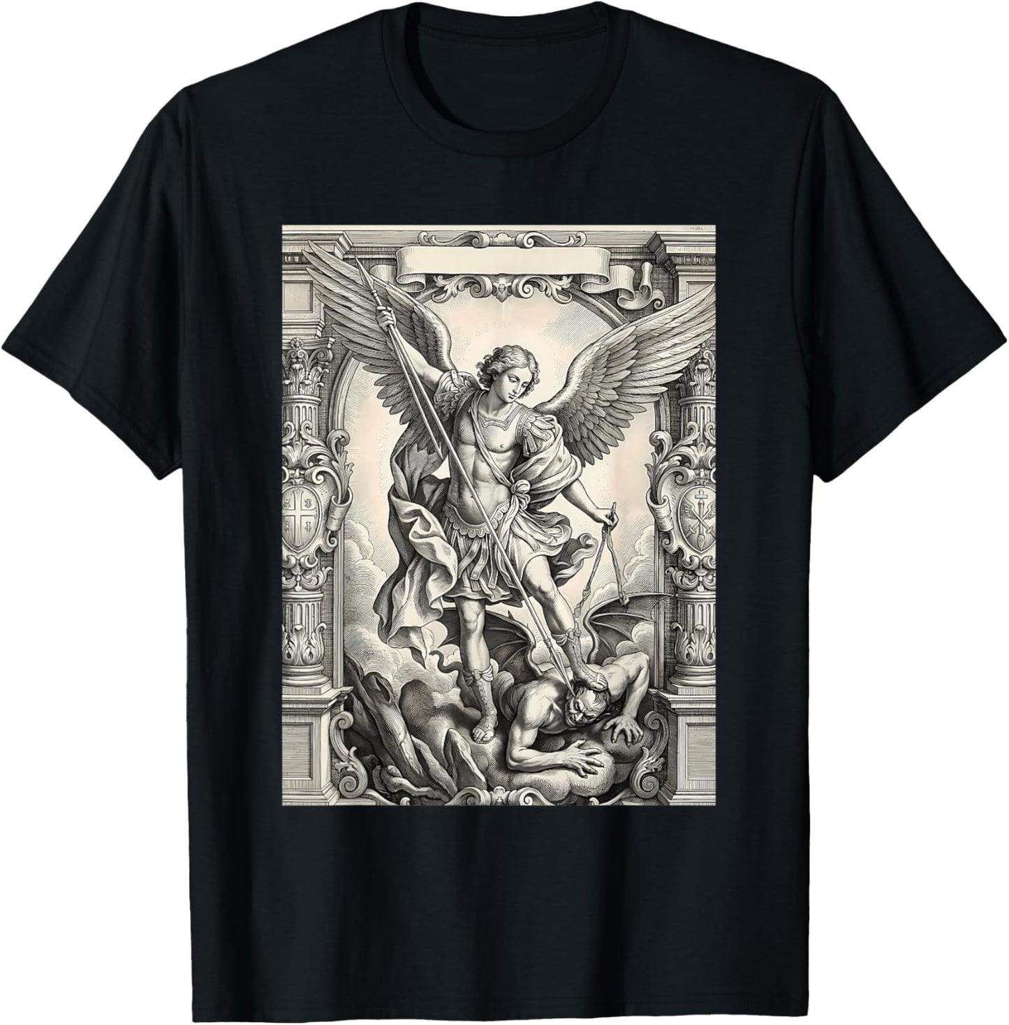 The Archangel Saint Michael Defeating Satan Vintage Graphic T-Shirt - T-Shirt | Black