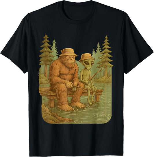 Funny Bigfoot Sasquatch Alien Fishing Outdoors Lake River T-Shirt - T-Shirt | Black